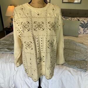 Vintage Tulchan Cotton Cableknit Floral Grandmacore Sweater M